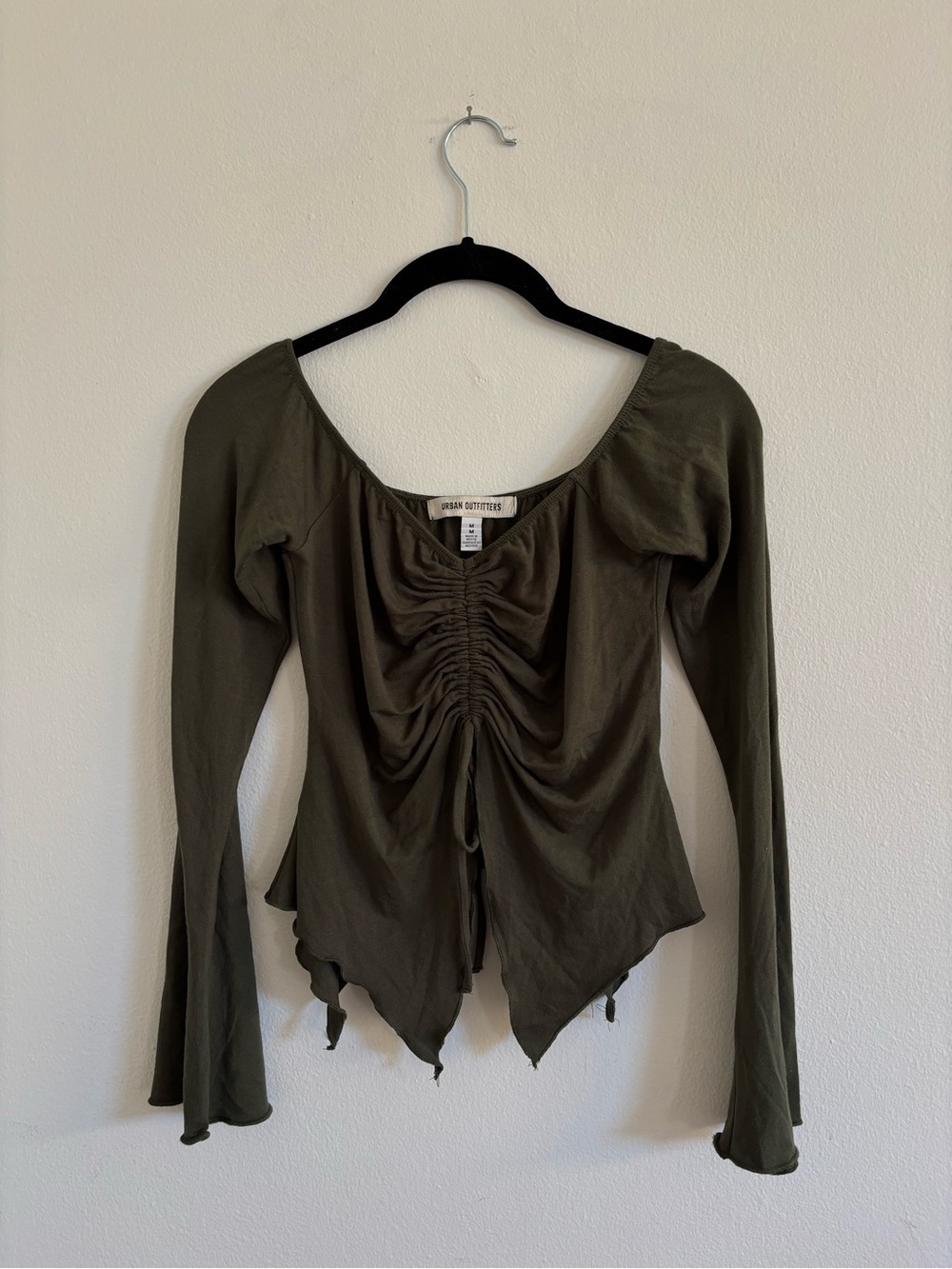 Urban Outfitters Olive Drawstring Ruched Long-Sleeve Top